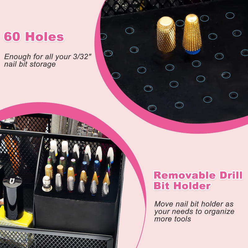 CGBE Nail Drill Bits Holder: 60 Holes Professional Drill Bit Holder for Nails - Mesh Metal Nail Tools Organizer Display Case - Nail Desk Organizer for Nail Tech - Black (Not Included Nail Drill) - Image 3